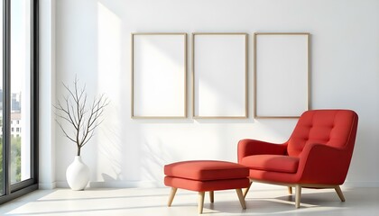 A modern living room with a red sofa, a matching ottoman, and three empty picture frames on the wall, in the afternoon with sunlight streaming in and a city view in the background