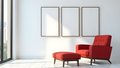 A modern living room with a red sofa, a matching ottoman, and three empty picture frames on the wall, in the afternoon with sunlight streaming in and a city view in the background
