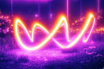 A glowing neon rabbit hopping across a radiant meadow at twilight, its fur glowing in orange and cyan, surrounded by swirling light trails, shimmering flowers, and glowing grass for a playful 