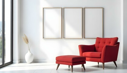 A modern living room with a red sofa, a matching ottoman, and three empty picture frames on the wall, in the afternoon with sunlight streaming in and a city view in the background