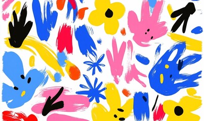 A vibrant abstract design featuring colorful handprints and flowers.