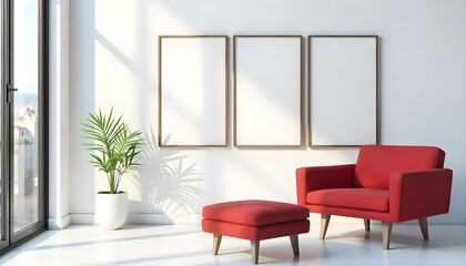 A modern living room with a red sofa, a matching ottoman, and three empty picture frames on the wall, in the afternoon with sunlight streaming in and a city view in the background