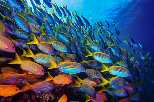 Ein Schwarm gestreifter Fische im Meer