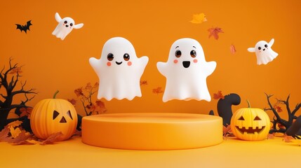 Fototapeta premium Two ghosts standing on a stage with pumpkins and bats