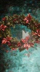 Festive Christmas Wreath  Holiday Decoration  Winter Season  Red Berries  Green Pine  Teal
