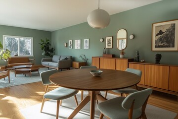 Scandinavian Mid-Century Living Room: Mint Chairs, Wooden Dining Table, and Green Wall Aesthetic