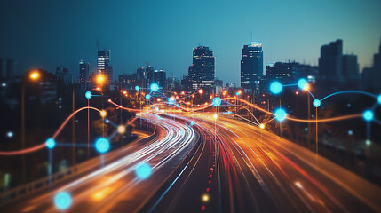 Obraz premium Smart Innovation city with connection cyber security network reciprocity over the night cityscape future wireless digital city and social media networking systems that connects people in the city
