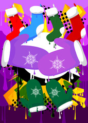 Mitten Glove and Christmas stocking graffiti. Abstract modern street art decoration performed in urban painting style.