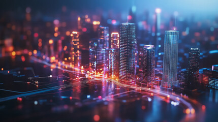 Fototapeta premium Smart Innovation city with connection cyber security network reciprocity over the night cityscape future wireless digital city and social media networking systems that connects people in the city