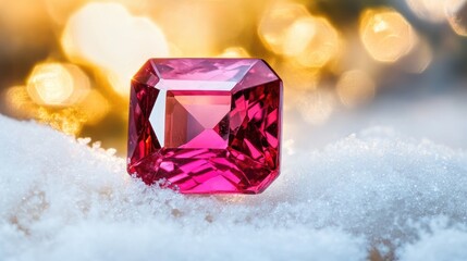 Pink Gemstone Glimmering on Snow with Bokeh Background