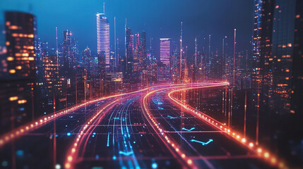 Smart Innovation city with connection cyber security network reciprocity over the night cityscape future wireless digital city and social media networking systems that connects people in the city