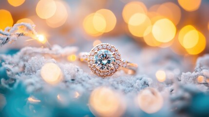 Elegant diamond ring on snowy surface with glowing lights backdrop