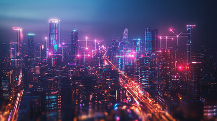 Obraz premium Smart Innovation city with connection cyber security network reciprocity over the night cityscape future wireless digital city and social media networking systems that connects people in the city