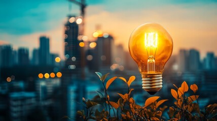 Illuminated Light Bulb Against Urban Skyline at Sunset with Bokeh Effect and Construction Crane in Background