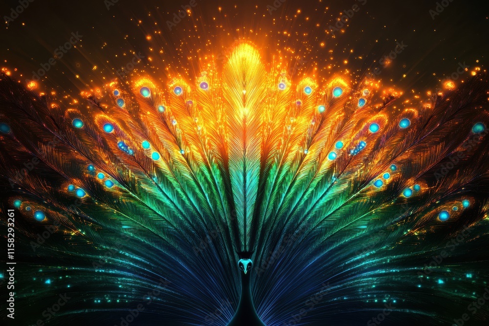 Fototapete vibrant fan display of peacock tail feathers showcasing bright colors and intricate patterns with am