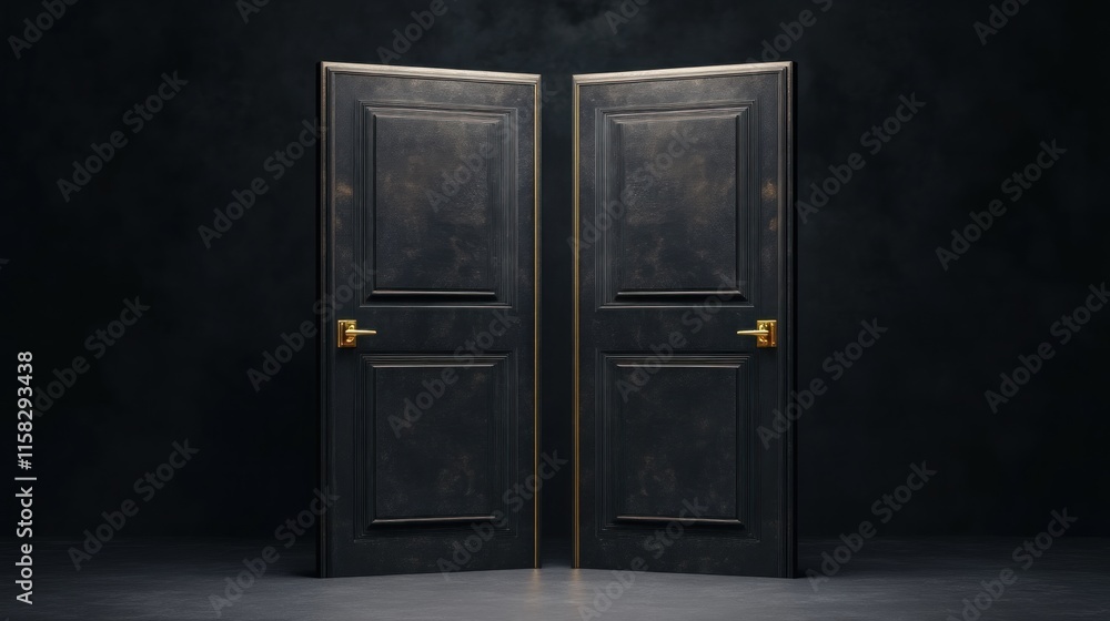 Poster symbolic duality of open doors studio setting photography minimalist environment front view choice a