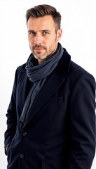 Man in navy coat with scarf on white background. For business and formal winter fashion.