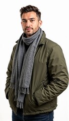 Obraz premium Young man in olive jacket with gray scarf on white background. For everyday winter fashion content.