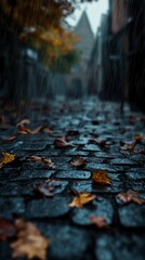 Obraz premium Rain-soaked cobblestone street with fallen autumn leaves in soft focus.