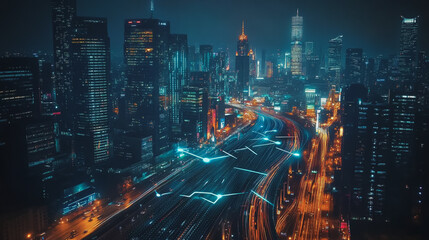 Smart Innovation city with connection cyber security network reciprocity over the night cityscape future wireless digital city and social media networking systems that connects people in the city
