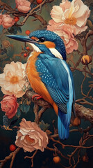 A kingfisher standing on a flower branch