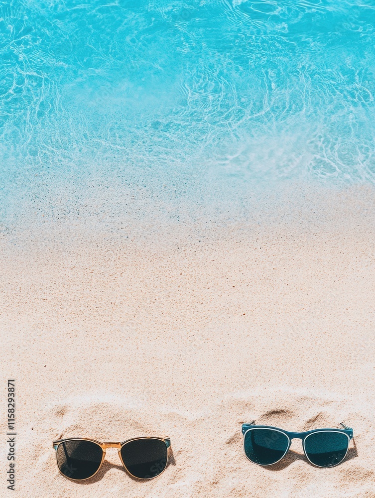 Poster summer beach vibe with sunglasses on sand by calm blue ocean water creating a perfect space for text