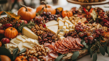 Fototapeta premium Thanksgiving Grazing Board with Assorted Cheeses, Fruits, and Decorative Pumpkins