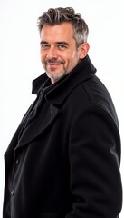 Mature man in black wool coat smiling on white background. For luxury menswear and professional fashion.