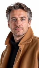 Obraz premium Man in camel coat with black turtleneck on white background. For luxury menswear and winter fashion.