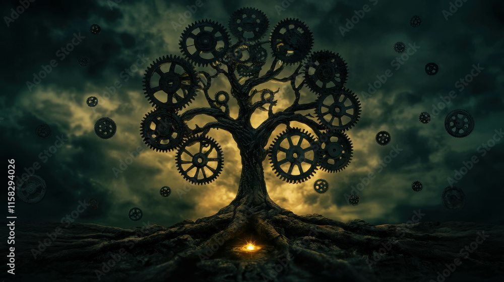 Poster towering mechanical tree of gears and cogs against dramatic cloudy background