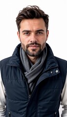 Fototapeta premium Man in navy vest with gray scarf on white background. For casual winter layering.