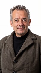 Mature man in brown wool coat on white background. For premium menswear retailers and business fashion.