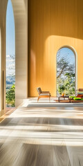 Fototapeta premium Modern interior design featuring large windows and natural light in a serene setting