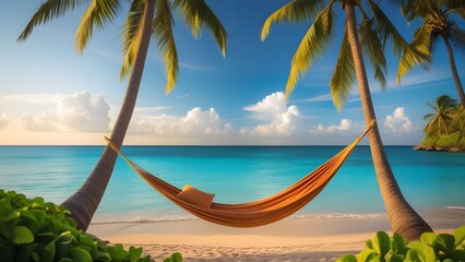 Naklejka premium A hammock tied between two palm trees near a resort's shoreline