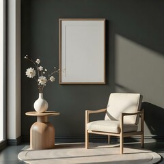 A minimalist living room with a wooden frame on the wall, a wooden side table with a vase of flowers, and a beige upholstered armchair on a round rug