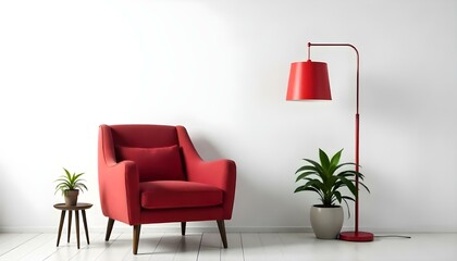A red armchair with a red floor lamp and a potted plant in a minimalist interior setting