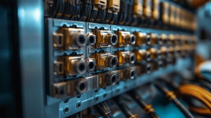 fiber optic system. Industrial Control Panel Close Up Detailed View