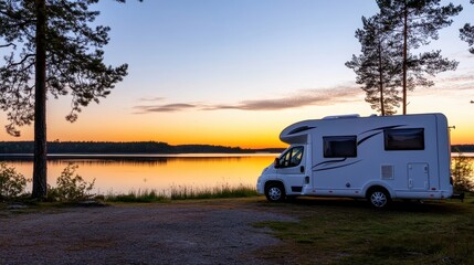 Obraz premium Camping adventure at sunset by the lake rv travel experience serene natural environment scenic viewpoint