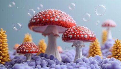 Blue frame floating in purple clouds with red mushrooms, yellow plants trees, multicolor 