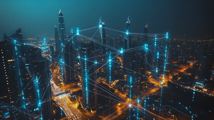 Smart Innovation city with connection cyber security network reciprocity over the night cityscape future wireless digital city and social media networking systems that connects people in the city