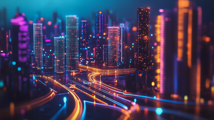 Fototapeta premium Smart Innovation city with connection cyber security network reciprocity over the night cityscape future wireless digital city and social media networking systems that connects people in the city