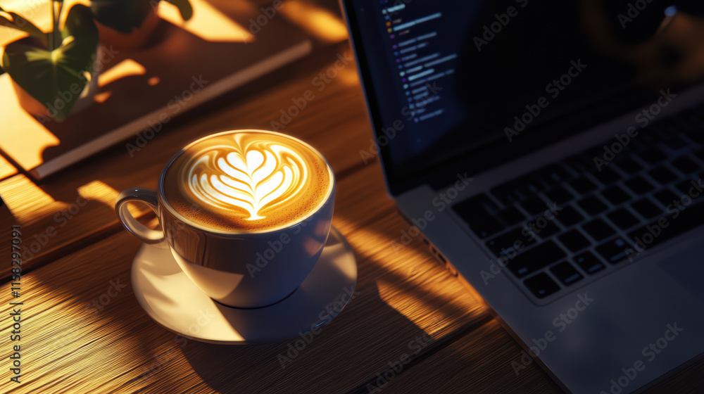 Poster artistic latte foam design in cup beside laptop, creating cozy atmosphere. warm tones and soft light