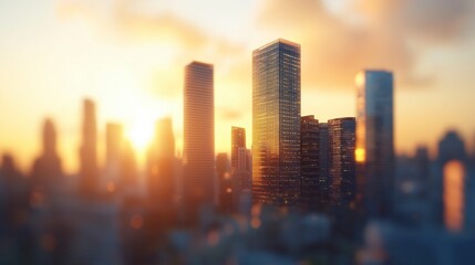 Fototapeta premium Golden Hour Cityscape Sunset Skyline Modern Architecture Urban Panorama