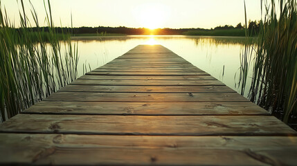 Fototapeta premium Serene Wooden Boardwalk Stretching Over Calm Lake at Sunset