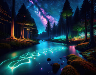 Fototapeta premium A mystical forest filled with bioluminescent plants and a glowing river under a starry sky