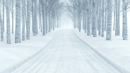 Obraz premium Snowy Birch Tree Lane Winter Road Scene Cold Serene Peaceful
