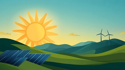 Vibrant landscape with solar panels, wind turbines, and a bright sun.
