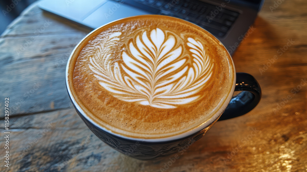 Poster close up of hot coffee latte with intricate latte art in black cup. creamy texture and beautiful des