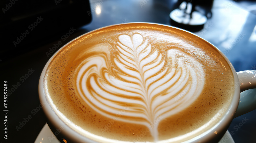 Poster close up of hot latte with creative foam design, showcasing intricate patterns and textures. perfect