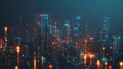 Fototapeta premium Smart Innovation city with connection cyber security network reciprocity over the night cityscape future wireless digital city and social media networking systems that connects people in the city